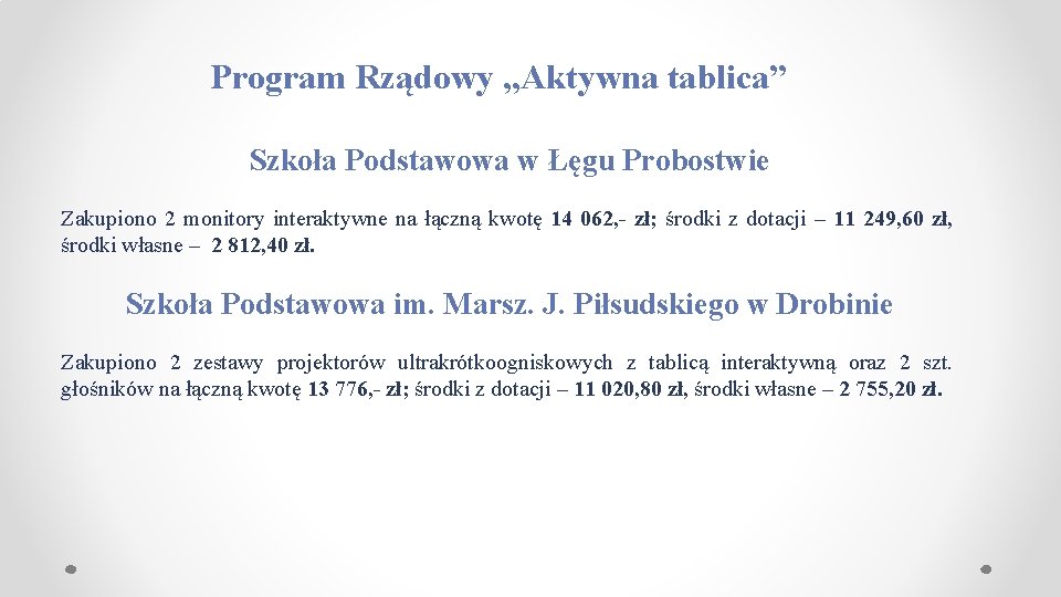 Program Rządowy „Aktywna tablica” Szkoła Podstawowa w Łęgu Probostwie Zakupiono 2 monitory interaktywne na