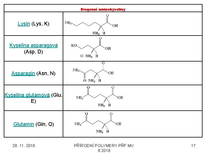 Biogenní aminokyseliny Lysin (Lys, K) Kyselina asparagová (Asp, D) Asparagin (Asn, N) Kyselina glutamová