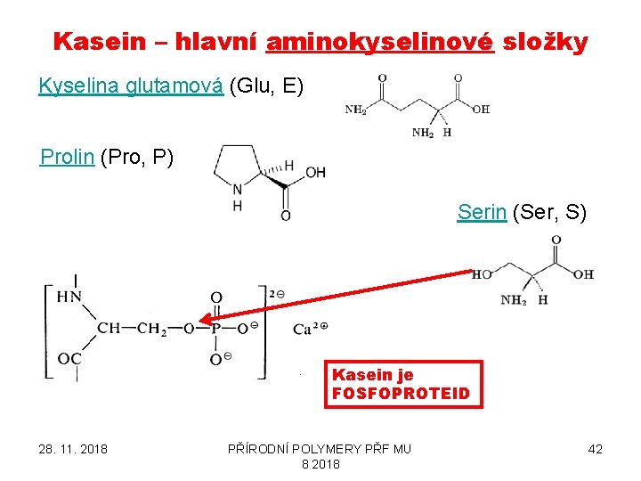Kasein – hlavní aminokyselinové složky Kyselina glutamová (Glu, E) Prolin (Pro, P) Serin (Ser,