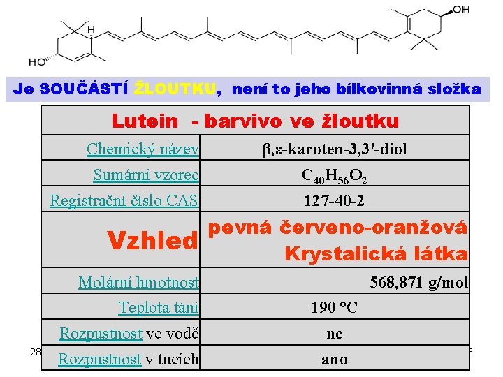 Je SOUČÁSTÍ ŽLOUTKU, není to jeho bílkovinná složka Lutein - barvivo ve žloutku Chemický