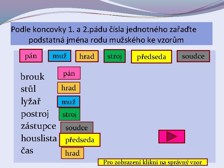 Podle koncovky 1. a 2. pádu čísla jednotného zařaďte podstatná jména rodu mužského ke