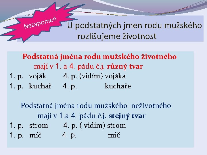 N ň e m o ezap U podstatných jmen rodu mužského rozlišujeme životnost Podstatná