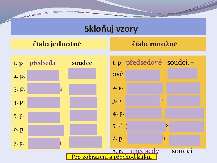 Skloňuj vzory číslo jednotné číslo množné 1. p předseda soudce 1. p předsedové soudci,