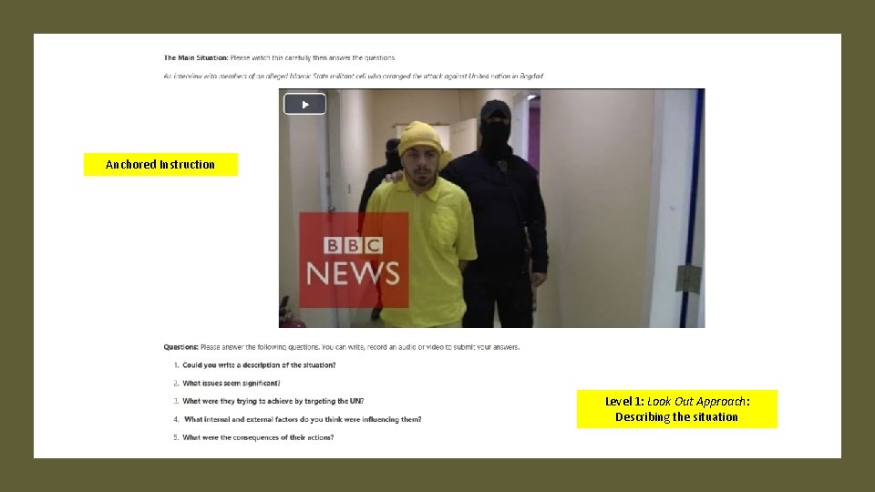 Anchored Instruction Level 1: Look Out Approach: Describing the situation 