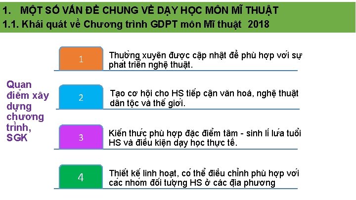 1. MỘT SỐ VẤN ĐỀ CHUNG VỀ DẠY HỌC MÔN MĨ THUẬT 1. 1.