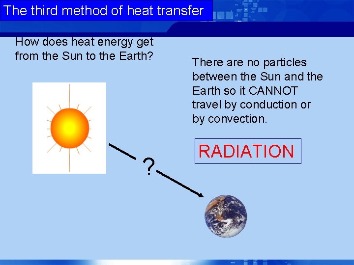 The third method of heat transfer How does heat energy get from the Sun