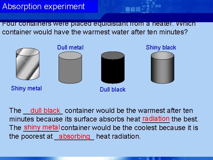 Absorption experiment Four containers were placed equidistant from a heater. Which container would have