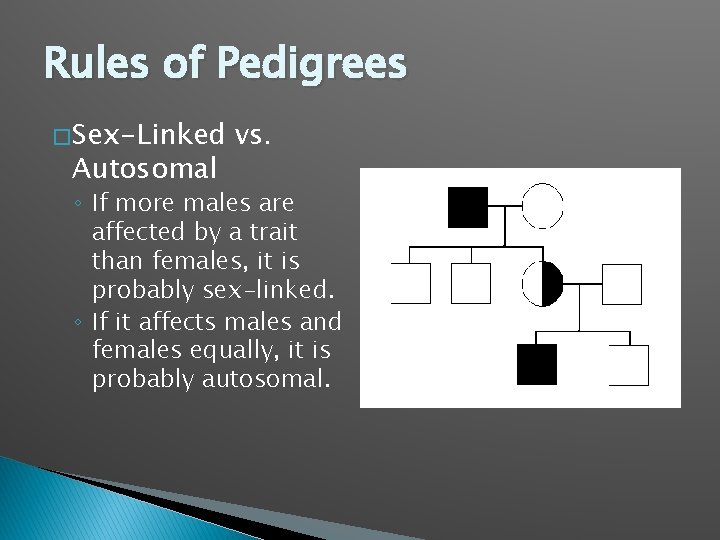 Rules of Pedigrees � Sex-Linked Autosomal vs. ◦ If more males are affected by