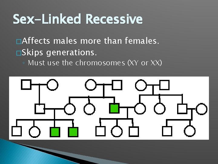 Sex-Linked Recessive � Affects males more than females. � Skips generations. ◦ Must use