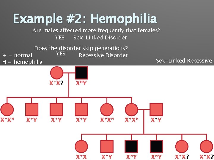 Example #2: Hemophilia Are males affected more frequently that females? YES Sex-Linked Disorder Does
