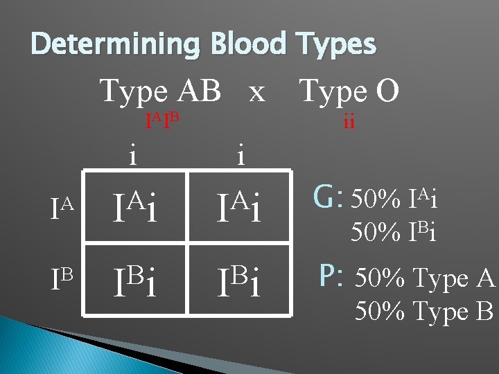Determining Blood Types Type AB x IA IB Type O ii i i A