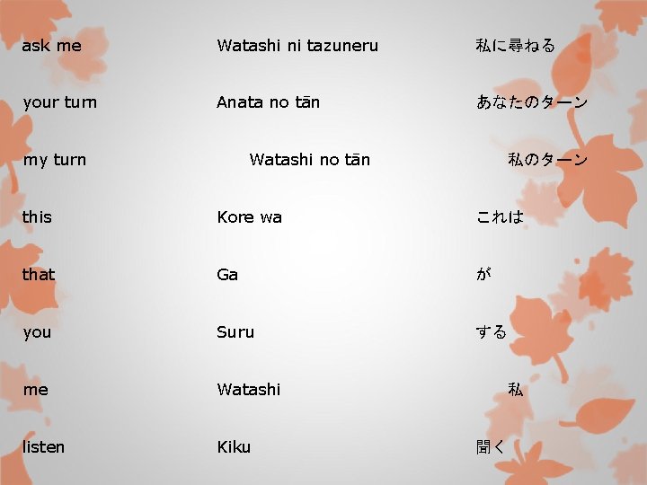 ask me Watashi ni tazuneru 私に尋ねる your turn Anata no tān あなたのターン my turn