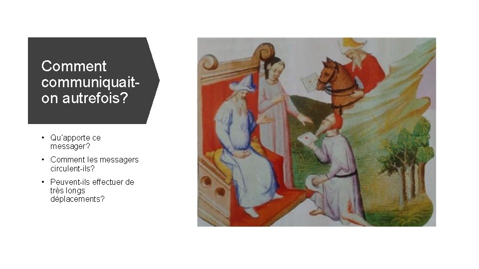 Comment communiquaiton autrefois? • Qu’apporte ce messager? • Comment les messagers circulent-ils? • Peuvent-ils