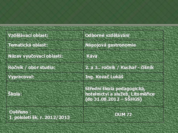 Vzdělávací oblast: Odborné vzdělávání Tematická oblast: Nápojová gastronomie Název vyučovací oblasti: Káva Ročník /