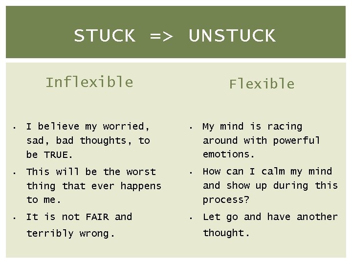 STUCK => UNSTUCK Inflexible § § § I believe my worried, sad, bad thoughts,