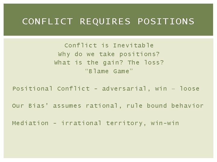 CONFLICT REQUIRES POSITIONS Conflict is Inevitable Why do we take positions? What is the