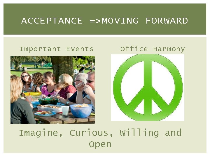 ACCEPTANCE =>MOVING FORWARD Important Events Office Harmony Imagine, Curious, Willing and Open 