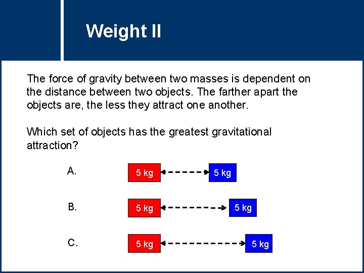 Weight II Title Question The force of gravity between two masses is dependent on