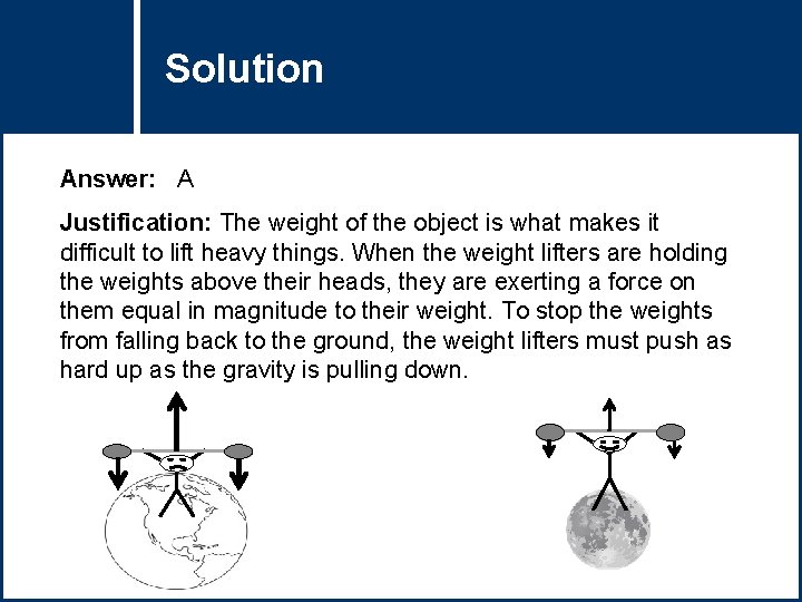 Solution Question Title Answer: A Justification: The weight of the object is what makes