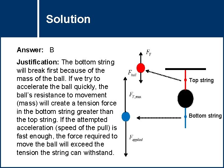 Solution Question Title Answer: B Justification: The bottom string will break first because of