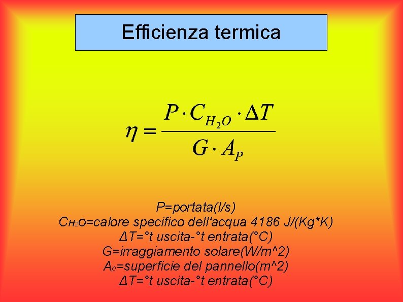 Efficienza termica P=portata(l/s) CH 2 O=calore specifico dell'acqua 4186 J/(Kg*K) ΔT=°t uscita-°t entrata(°C) G=irraggiamento