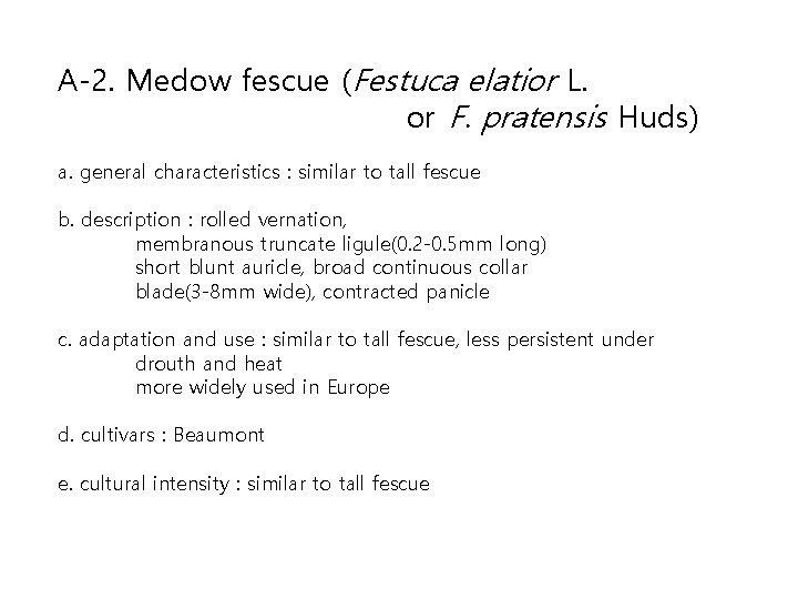 A-2. Medow fescue (Festuca elatior L. or F. pratensis Huds) a. general characteristics :