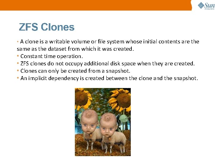 • A clone is a writable volume or file system whose initial contents