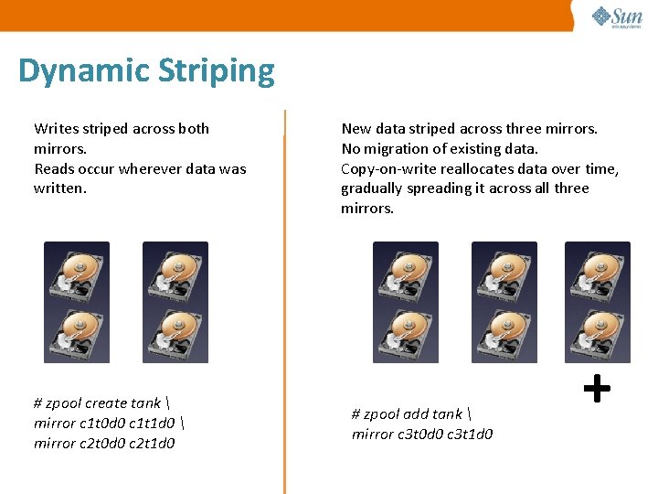 Dynamic Striping Writes striped across both mirrors. Reads occur wherever data was written. #