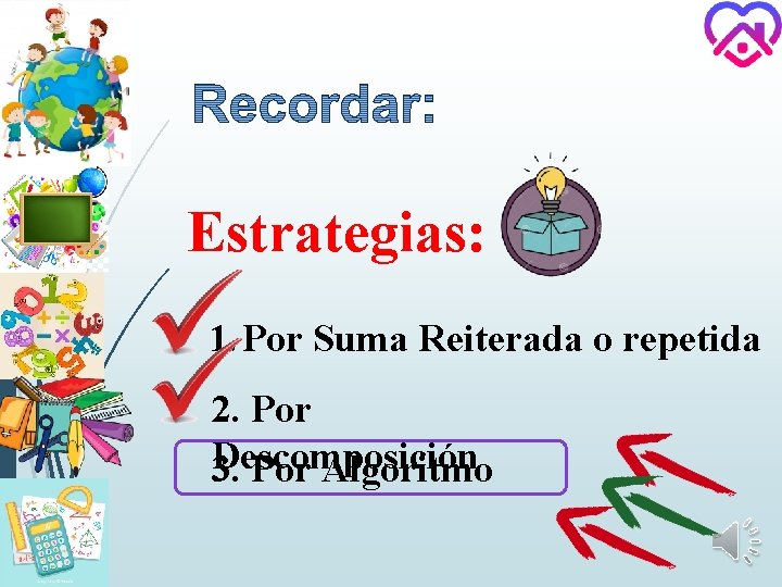 Estrategias: 1. Por Suma Reiterada o repetida 2. Por Descomposición 3. Por Algoritmo 