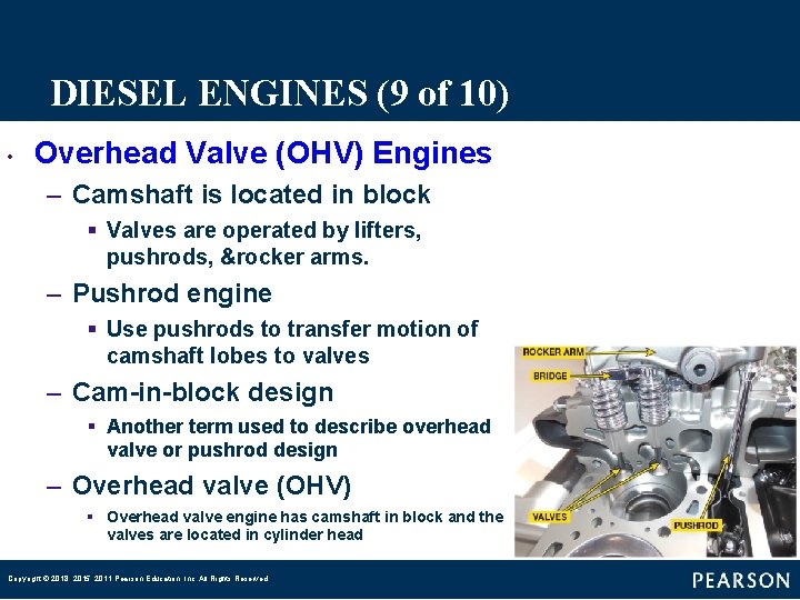 DIESEL ENGINES (9 of 10) • Overhead Valve (OHV) Engines – Camshaft is located DIESEL ENGINES (9 of 10) • Overhead Valve (OHV) Engines – Camshaft is located