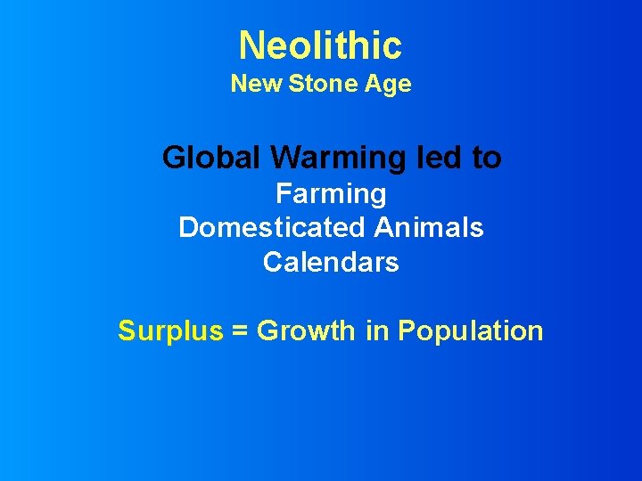 Neolithic New Stone Age Global Warming led to Farming Domesticated Animals Calendars Surplus =