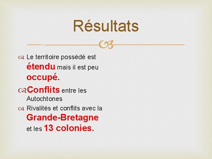 Résultats Le territoire possédé est étendu mais il est peu occupé. Conflits entre les