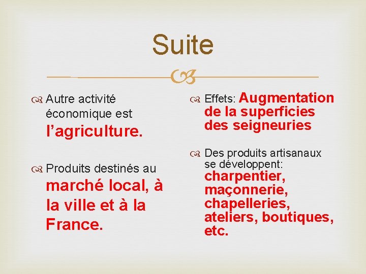 Suite Autre activité économique est l’agriculture. Produits destinés au marché local, à la ville