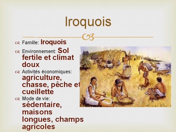  Famille: Iroquois Environnement: Sol fertile et climat doux Activités économiques: agriculture, chasse, pêche