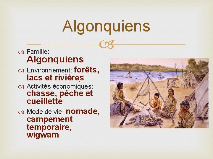  Famille: Algonquiens Environnement: forêts, lacs et rivières Activités économiques: chasse, pêche et cueillette