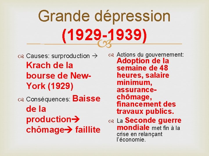 Grande dépression (1929 -1939) Causes: surproduction Krach de la bourse de New. York (1929)