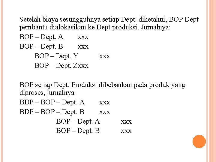 Setelah biaya sesungguhnya setiap Dept. diketahui, BOP Dept pembantu dialokasikan ke Dept produksi. Jurnalnya: