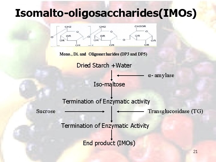 Isomalto-oligosaccharides(IMOs) Mono. , Di. and Oligosaccharides (DP 3 and DP 5) Dried Starch +Water