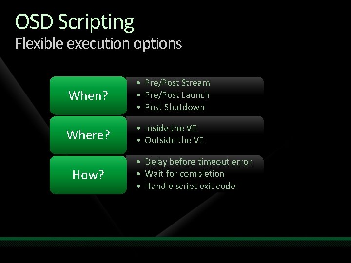 OSD Scripting Flexible execution options When? • Pre/Post Stream • Pre/Post Launch • Post