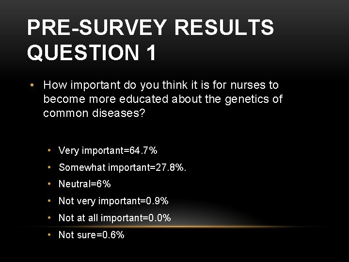 PRE-SURVEY RESULTS QUESTION 1 • How important do you think it is for nurses PRE-SURVEY RESULTS QUESTION 1 • How important do you think it is for nurses