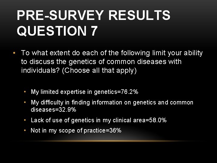 PRE-SURVEY RESULTS QUESTION 7 • To what extent do each of the following limit PRE-SURVEY RESULTS QUESTION 7 • To what extent do each of the following limit