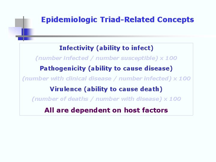 Epidemiologic Triad-Related Concepts Infectivity (ability to infect) (number infected / number susceptible) x 100