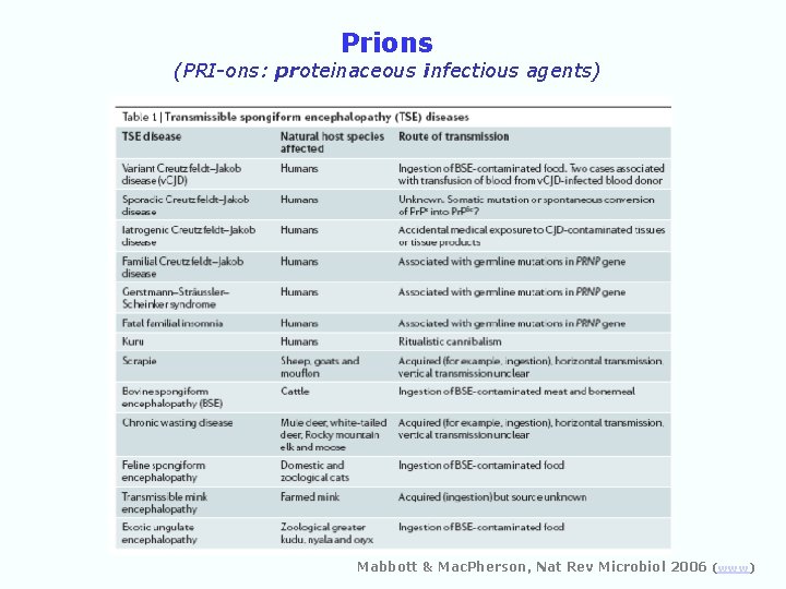 Prions (PRI-ons: proteinaceous infectious agents) Mabbott & Mac. Pherson, Nat Rev Microbiol 2006 (www)