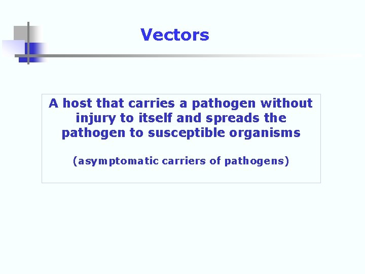 Vectors A host that carries a pathogen without injury to itself and spreads the