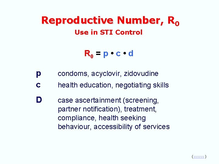 Reproductive Number, R 0 Use in STI Control R 0 = p • c