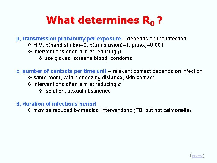 What determines R 0 ? p, transmission probability per exposure – depends on the