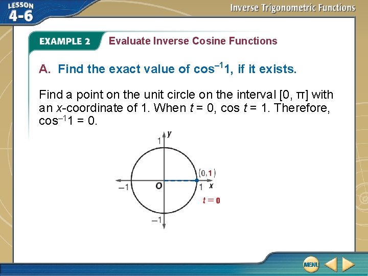 Evaluate Inverse Cosine Functions A. Find the exact value of cos– 11, if it