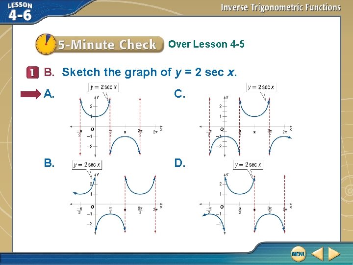 Over Lesson 4 -5 B. Sketch the graph of y = 2 sec x.