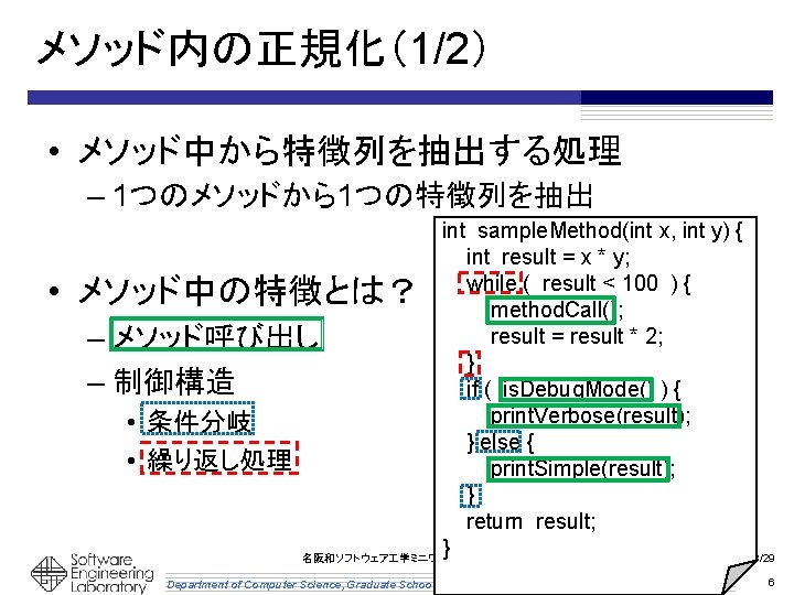 メソッド内の正規化（1/2） • メソッド中から特徴列を抽出する処理 – 1つのメソッドから1つの特徴列を抽出 int sample. Method(int x, int y) { int result