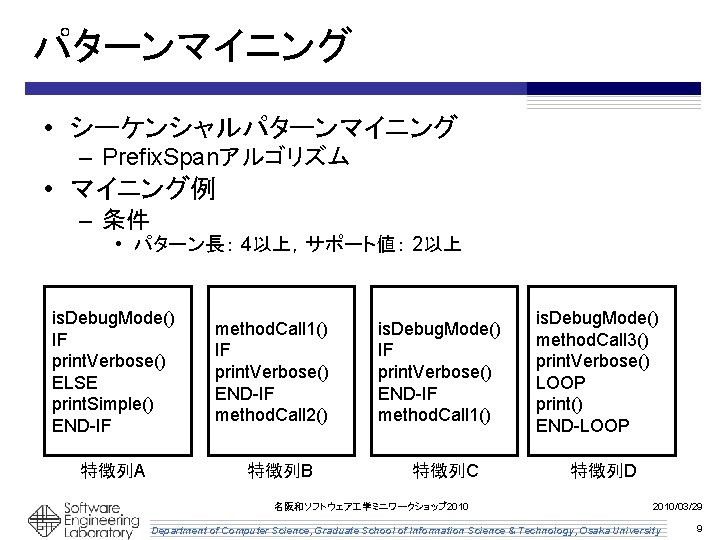 パターンマイニング • シーケンシャルパターンマイニング – Prefix. Spanアルゴリズム • マイニング例 – 条件 • パターン長： 4以上，サポート値： 2以上